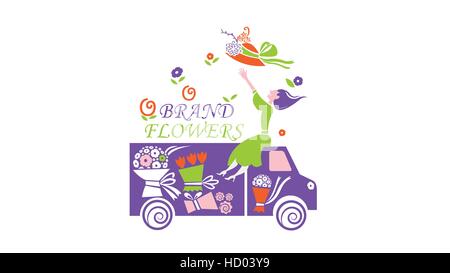 Camion de livraison de fleurs modèle de conception de logo Vector Illustration de Vecteur