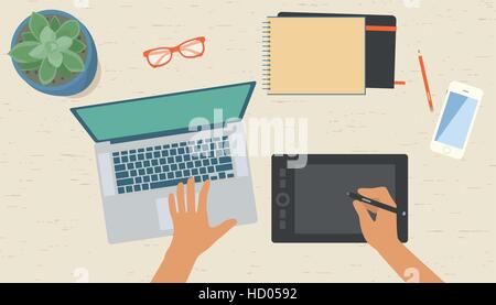 Vue d'en haut lieu de travail Graphiste Illustration de Vecteur