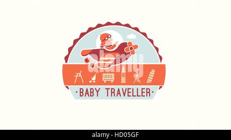 Happy smiling kid avion en vol comme un vrai pilote. Voyageur bébé illustration. Vector cartoon style plat Illustration de Vecteur