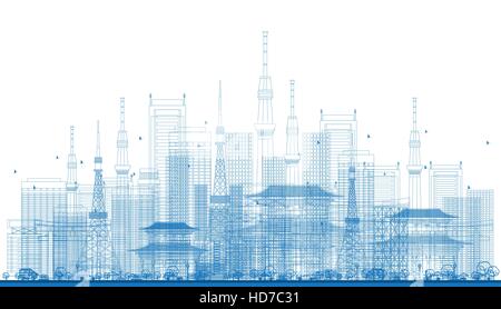 Contours gratte-ciel et tours de transmission pour télévision en couleur bleue. Vector Illustration. Les voyages d'affaires et tourisme Concept. Pour l'image de bannière, présentation Illustration de Vecteur