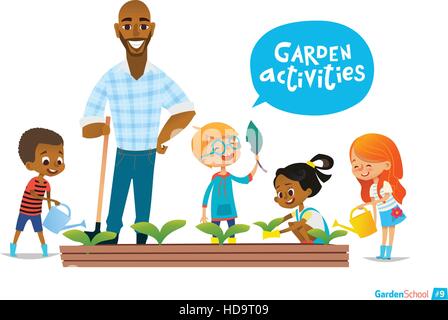 Enfants et enseignants engagés le jardinage dans la cour. Girl arrosage des fleurs dans le jardin. Eco concept. Les activités de l'éducation Montessori. Organic . Vector illustration Illustration de Vecteur