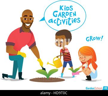 Père et Enfants jardinage engagés dans l'arrière-cour. Fille Garçon planter des fleurs dans le jardin. Eco concept. Les activités de l'éducation Montessori. Vector illustration Illustration de Vecteur