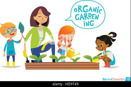 L'enseignant et les enfants engagés dans le jardinage dans la cour. Girl arrosage des fleurs dans le jardin. Eco concept. Activités d'enseignement Montessori. Organic . Illustration de Vecteur