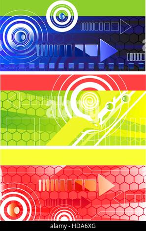 Trois technologies horizontales avec bannière rouge, bleu foncé et le fond vert, avec un modèle cellulaire, des symboles et des flèches abstract circles. Illustration de Vecteur