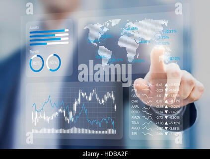 Tableau de bord financier avec les principaux indicateurs de rendement et l'analyse des graphiques boursiers, businessman touching business kpi Banque D'Images