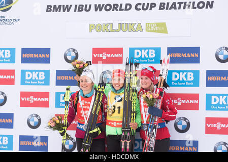 Pokljuka, la Slovénie. 09Th Dec 2016. Gagnants de la femme 7,5km sprint à la Coupe du Monde de biathlon à Pokljuka sur podium le 9 décembre 2016 à Pokljuka (Slovénie). De gauche à droite : Justine Braisaz Dahlmeier de France, Laura de l'Allemagne et Olsbu Marte de Norvège. Credit : Rok Rakun/Pacific Press/Alamy Live News Banque D'Images