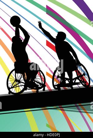 Les hommes handicapés de joueurs de basket-ball en fauteuil roulant sport concept détaillé illustration silhouette vecteur d'arrière-plan Illustration de Vecteur