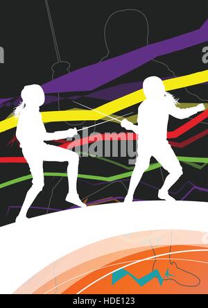 Les hommes et les femmes actifs sport escrime silhouettes en ligne fond abstrait vector illustration Illustration de Vecteur