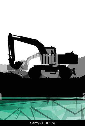 Digger excavator creuser dans la construction de machines ou d'action site abstract vector background concept Illustration de Vecteur