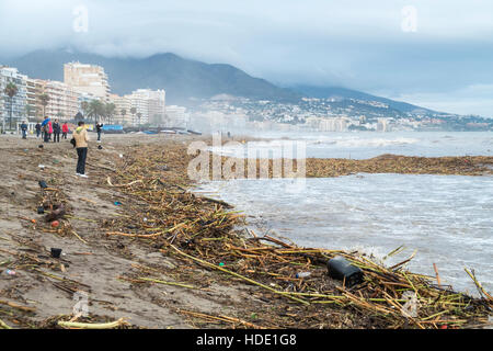 Plage de los Boliches, Fuengirola, Malaga, Espagne. 4e décembre 2016. La pluie le plus lourd au cours des 25 dernières années Banque D'Images