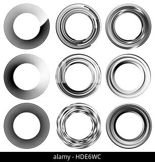 Ensemble d'éléments aléatoires circle. Des cercles concentriques, des anneaux concentriques. 9 version différente. Illustration de Vecteur