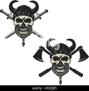 Série de crânes dans les casques de viking avec épées croisées et axes. Éléments de conception pour le poster, emblème, signe, t-shirt print. Vector illustration. Illustration de Vecteur