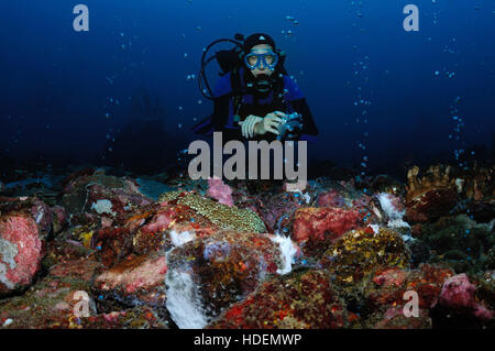 Un plongeur est planant dans les bulles provenant de la source sous-marine, Puerto Galera, Philippines Banque D'Images