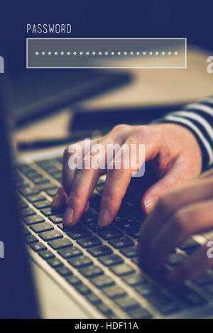 Le mot de passe dans le navigateur internet, la sécurité en ligne avec female hands typing on laptop computer keyboard in office Banque D'Images