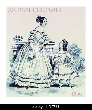 La mode française 1836, jeune femme et Fille habillée d'une élégante dentelle, froufrous et la coiffure dans jardin Banque D'Images