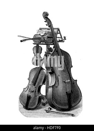 La musique, les instruments du quatuor à cordes prêt pour l'exécution, belle gravure vintage Banque D'Images