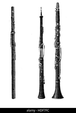 Les instruments à vent, hautbois, clarinette et flûte, XIX siècle gravure vintage Banque D'Images