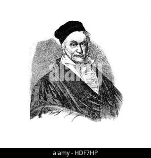 Portrait de Johann Carl Friedrich Gauss (30 avril 1777 - 23 février 1855) le plus grand mathématicien allemand depuis l'antiquité, le contributeur avec études significatives à la théorie des nombres, algèbre, Statistiques, analyses, géométrie différentielle, la géodésie, la géophysique, la mécanique, l'électrostatique, l'astronomie, la théorie des matrices et de l'optique. Banque D'Images
