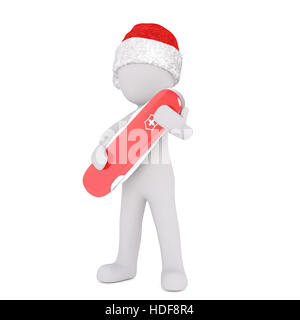 3d man holding a fermé un couteau suisse rouge dans ses bras comme il se tient dans une ambiance festive Santa hat pour Noël, rendu isolé sur blanc illustration Banque D'Images