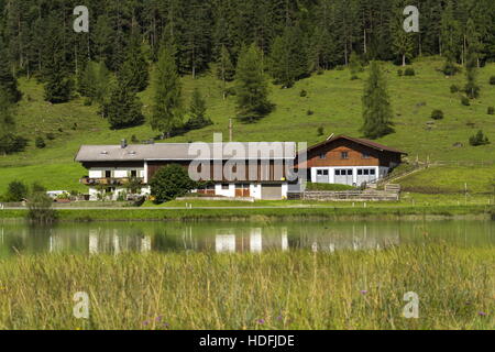 Lac Pillersee avec ferme à Sankt Ulrich am Pillersee, Autriche Banque D'Images