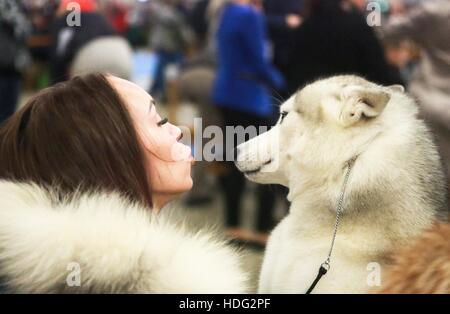 Helsinki, Finlande. 11Th Feb 2016. Un raiser se caresse son chien lors d'un concours de chiens à Helsinki, capitale de la Finlande, le 10 décembre 2016. Organisées une fois par an, gagnant d'Helsinki est le plus grand événement des chiens en Finlande. © Zhang Xuan/Xinhua/Alamy Live News Banque D'Images