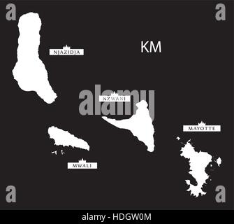 Comores avec région details Map illustration noir et blanc Illustration de Vecteur