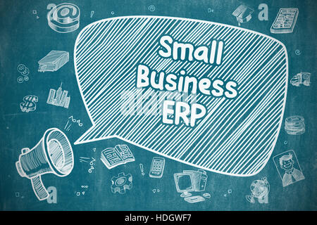 Small Business ERP - Illustration Doodle sur bleu ardoise. Banque D'Images