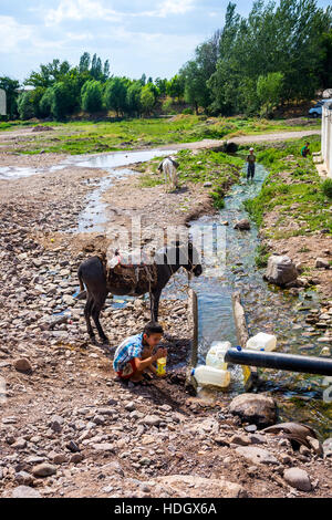 TURBAT, KAZAKHSTAN - 21 juillet : Kid du remplissage de bouteilles d'eau à la rivière au printemps pour les transporter à dos d'âne. Juillet 2016 Banque D'Images