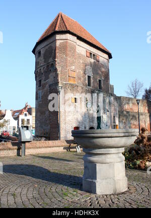 Remparts et la ville médiévale y compris le long Thorbeckegracht Wijndragerstoren tower / Thorbecke canal, Zwolle, Pays-Bas. Banque D'Images