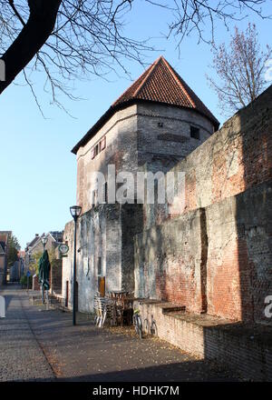 Remparts et la ville médiévale y compris le long Thorbeckegracht Wijndragerstoren tower / Thorbecke canal, Zwolle, Pays-Bas. Banque D'Images