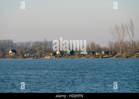 Huttes dans la rive gauche du Danube, en face de l'île Veliko Ratno.. Belgrade capitale de la République de Serbie Banque D'Images