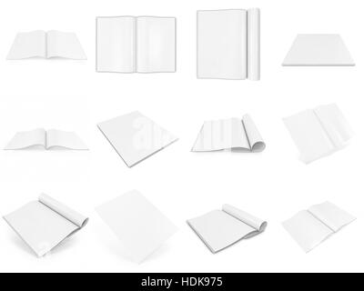 Série réaliste du rendu 3d livres ouverts et fermés ou journal vierge avec couvercle blanc isolé sur fond. Banque D'Images