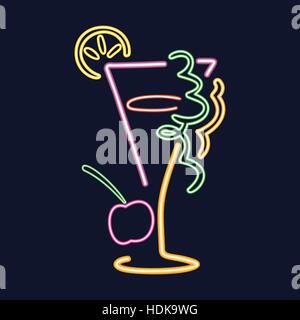 Verre à cocktail avec du citron dans un style néon. Isolé sur un fond sombre. Vector illustration. Illustration de Vecteur