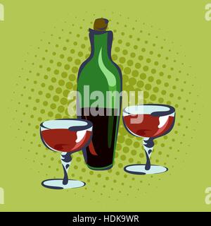 Bouteille de vin et deux verres, faites à la main, pop art retro illustration. Illustration de Vecteur