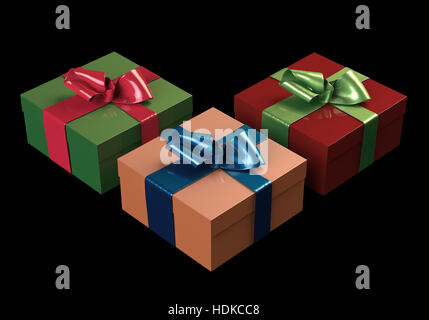 Boîtes à rayures colorées et avec des dons liés bows sur fond noir. Bonne année 3d illustration Banque D'Images