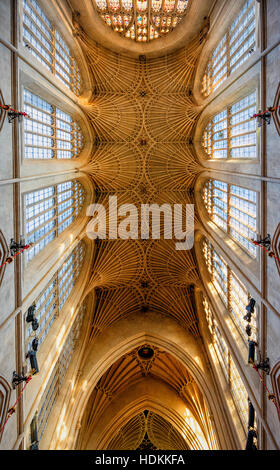 Cso ventilateur délicat et remplages de pierre lanterne élevée windows dans le plafond gothique de l'abbaye de Bath dans le Somerset UK Banque D'Images