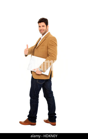 Businessman holding thumb up isolé sur fond blanc Banque D'Images