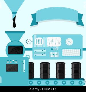 Vector illustration de l'usine de production de barils de pétrole. Baril de pétrole à partir de la production de pétrole, liquide noir. Ruban vide pour insérer du texte. Illustration de Vecteur