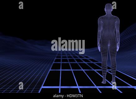 Wireframe homme numérique sur route avec paysage virtuel. 3d illustration Banque D'Images