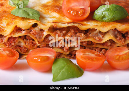Lasagne aux tomates cerises et basilic frais horizontale sur une macro plaque blanche Banque D'Images