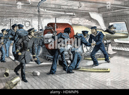 'Le Petit Journal' - guerre russo-japonaise 1904 -1905 - Scène sur gun pont d'un navire de guerre japonais au cours de l'action. Banque D'Images