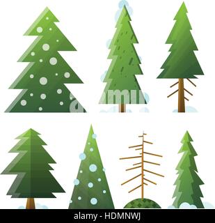 Collection de dessins animés différents morts et vert sapin. Sapins isolés avec de la neige pour l'heureuse nouvelle année et les vacances d'hiver, dessins, cartes postales, bann Illustration de Vecteur