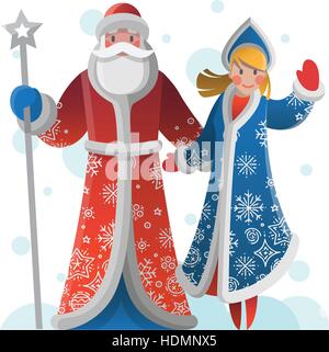 Carte de vœux de Nouvel An avec cartoon père le givre et la neige, jeune fille. Carte-cadeau de Noël avec le Père Noël. Carte postale de Noël vacances d'hiver avec Ded Moroz une Illustration de Vecteur