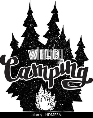 Hand drawn vintage avec étiquette, forêt et de joie. Badge fait main. Lettrage en texte : Camping sauvage. La main pour la conception d'illustration vectorielle, pr Illustration de Vecteur
