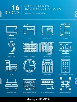 Fine ligne détaillée des icônes pour les affaires. Techniques de bureau et appareils électroniques. PC, imprimante multifonction, lampe de bureau, pendulette, acoustique, tablette, smartphone et autres périphériques. Illustration de Vecteur