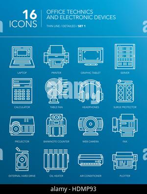 Fine ligne détaillée des icônes pour les affaires. Techniques de bureau et appareils électroniques. Ordinateur portable, imprimante, serveur, fax, ventilateur, de casques et d'autres appareils. Vector Illustration de Vecteur