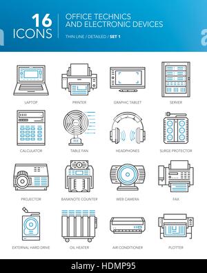 Fine ligne détaillée des icônes pour les affaires. Techniques de bureau et appareils électroniques. Ordinateur portable, imprimante, serveur, fax, ventilateur, de casques et d'autres appareils. Vector Illustration de Vecteur