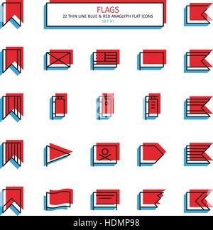 Fine ligne icon set. 3D anaglyphe rouge et bleu style. Drapeaux, bannières et icônes signets. Vecteur. Illustration de Vecteur