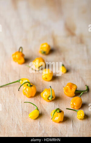 Petit piment bio maison jaune sur une surface en bois contexte Communiqué de modèle : N° des biens : Non. Banque D'Images