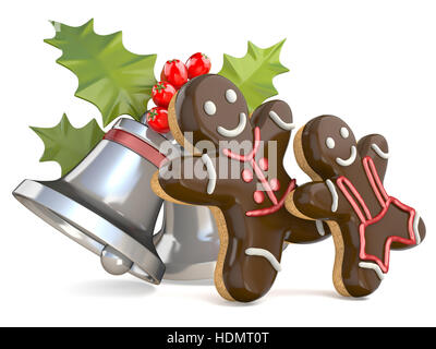 Gingerbread men Smiling Christmas bell et avec des baies de houx. Rendu 3D illustration isolé sur fond blanc Banque D'Images
